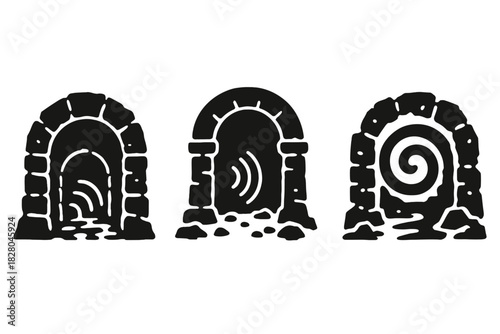Sonic Ruin Icons. Solid style icons of sonic pathways in ruins: echo corridors, chant chambers, resonance trails. Stone tunnels,
