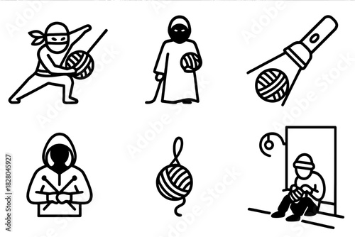 Nighttime Knitting Icons. Line style icons of nighttime knitting missions: yarn ninja pose, stealth knitter figure, flashlight