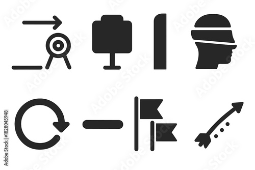 Archery Range Icons. Solid style icons of archery range layout: shooting lane icon, target distance slab, barrier wall panel.