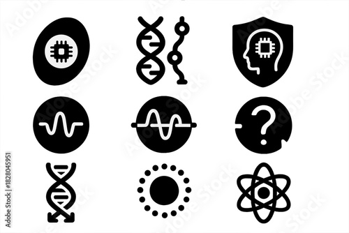 Quantum Memory Icons. Solid style icons of quantum cellular memory: memory node in cell, entangled information strands, quantum