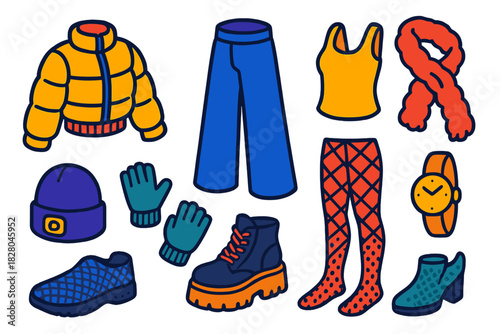 Street Style Isometric Icons. Isometric vector illustration set Street fashion – cropped puffer coat, wide-leg pants, ribbed tank;