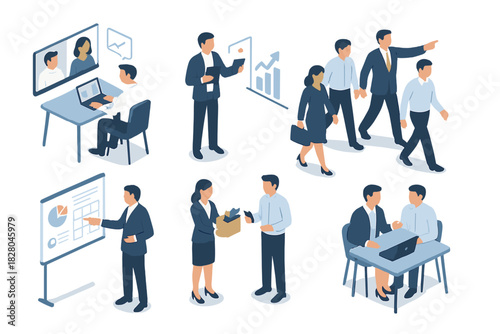 Diverse Business Interactions. Isometric vector illustration set of Business People: virtual meeting scene, person with tablet and