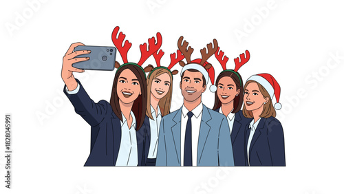 Cheerful colleagues in festive holiday attire capture a fun selfie to share the holiday spirit and teamwork during Christmas season