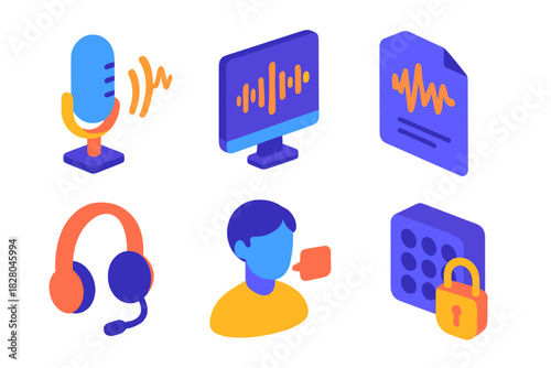 Voice Recognition Icons. Isometric vector illustration set Biometric authentication – voice recognition microphone, waveform