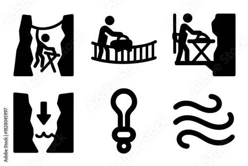 Extreme Ironing Icons. Line style icons of Extreme Ironing: canyon rope ironing, rope bridge icon, secured platform, canyon depth