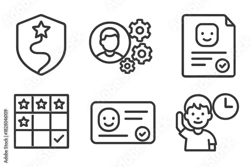 K-12 Education Line Icons. Line style icons of CBE in K-12 education: elementary badge path, middle school skills, student goal