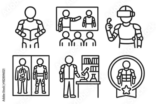 Exosuit Education Icons. Line style icons of exosuits in education and training: student training exo, classroom demonstration
