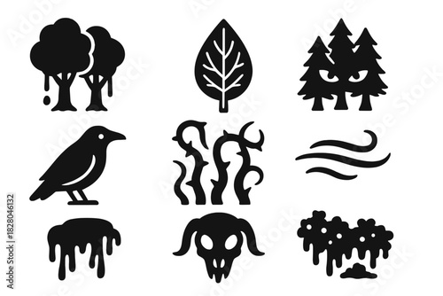 Ecological Horror Icons. Solid style icons of ecological horror: bleeding trees, skeletal leaves, forest eyes. Watching crows,