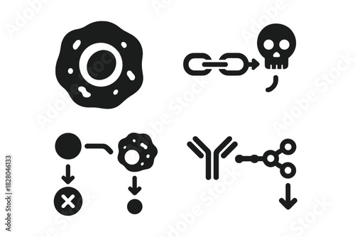 Necrotic Pathway Icons. Solid style icons of necrotic signal pathways: blackened nucleus icon, decay chain symbol, apoptosis