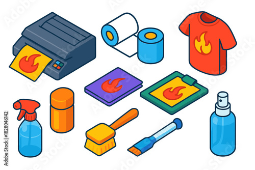 Tattoo Equipment Icons. Isometric vector illustration set Tattoo equipment – stencil press machine, thermal paper roll, stencil
