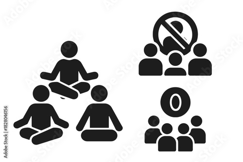 Group Silence Icons. Solid style icons of group silence dynamics: multiple people in meditation icon, group with no-talking badge,