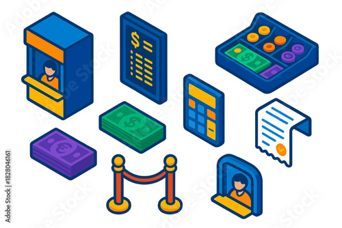 Currency Exchange Illustration. Isometric vector illustration set Currency and coins – currency exchange kiosk, rate board, cash