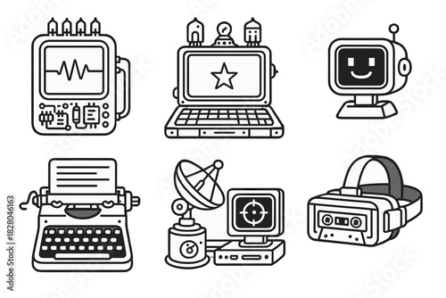 Retro-Futuristic Gadgets. Line style icons of modded electronics in retro-futurism: transistor-based tablet, steampunk laptop with