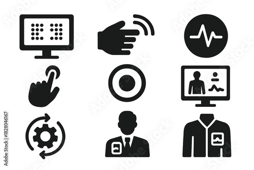Smart Sensor Icons. Solid style icons of smart sensor feedback: pressure map screen, responsive wrap icon, feedback pulse badge.