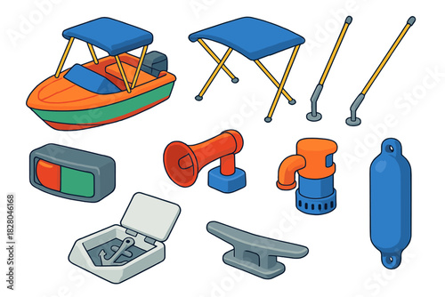 Bold Fishing Equipment Icons. Isometric vector illustration set Fishing equipment – boat canopy, Bimini top, outriggers;