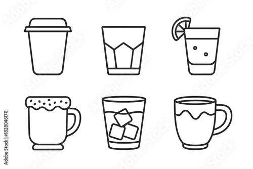 Drinkable Container Icons. Line style icons of drinkable containers: edible coffee cup, sugar glass, flavored shot glass, cookie