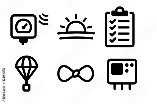 High-Altitude Balloon Icons. Line style icons of High-Altitude Ballooning: air composition meter, sunrise at edge of space,