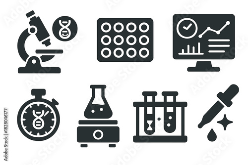 Lab Equipment Icons. Solid style icons of lab equipment for aging trials: microscope + age ring, sample tray icon, data screen