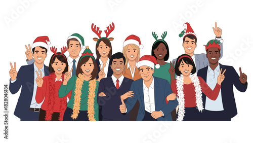 Festive diverse team celebrating Christmas, spreading joy and holiday cheer in the workplace, perfect for corporate greetings and end of year events