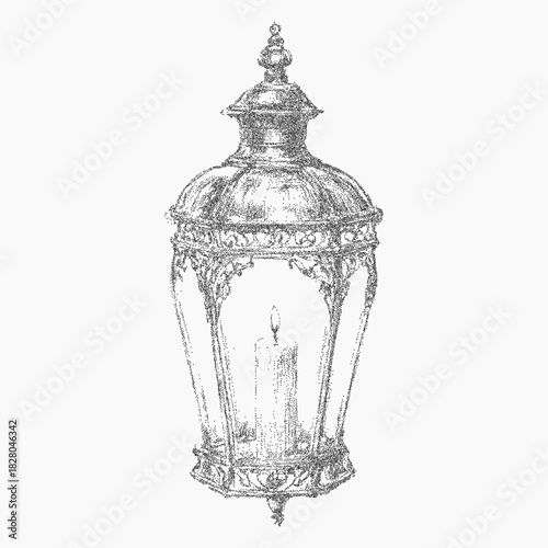 Antique lantern with candle. Gritty object with blotched ink, speckled grain surface, and vintage threshold. Subtle scratch lines and faded texture.