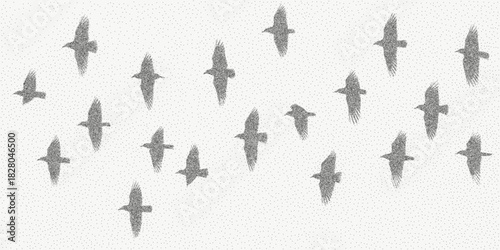 Background with silhouettes of flying birds in halftone grain, dusty overlay and subtle speckled grit for a soft aged atmospheric texture.