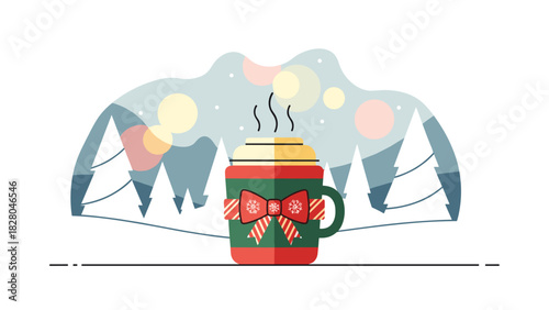 Festive hot chocolate in a charming holiday mug with snowy mountain background and cozy vibes, perfect for winter season promotions