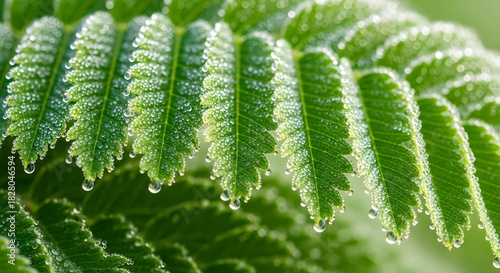 Fresh green leaves covered in water droplets close up for botanical nature dew background