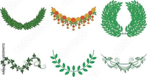 Collection of six different decorative garlands isolated on transparent background, perfect for adding a touch of elegance