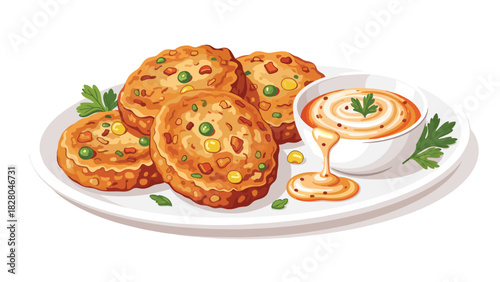 Delicious vegetable cutlets with creamy sauce on white plate ready to be served, a perfect appetizer for any occasion or vegetarian meal