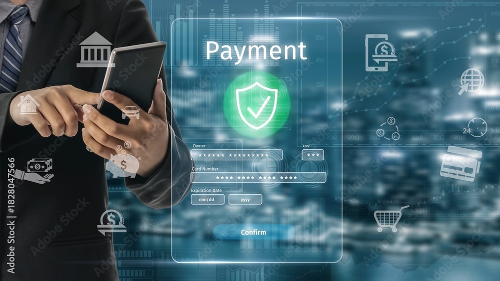 Fototapeta premium Secure online payment, safe e-commerce transactions, digital payment solutions, online financial security, and electronic payment systems ensuring smooth business continuity. Muxer