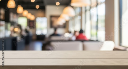 Wallpaper Mural Blurred coffee shop interior with wooden table surface Torontodigital.ca
