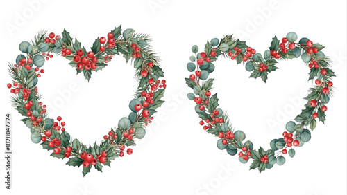 Watercolor Christmas Heart Wreath Set with Holly Leaves, Eucalyptus and Red Berries