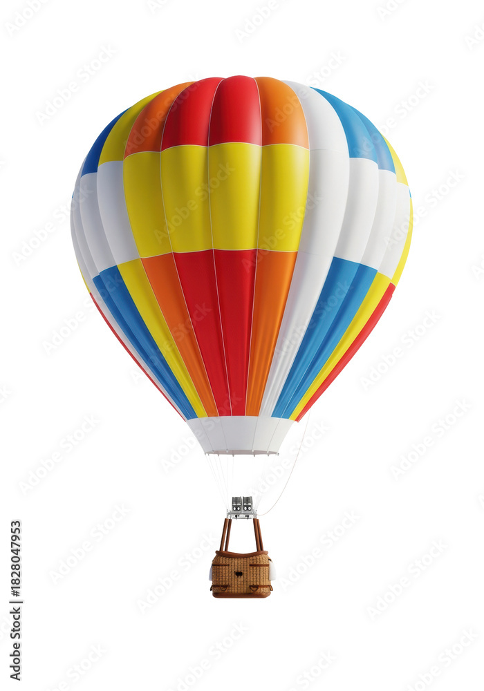 Fototapeta premium highly detailed hot air balloon, vibrant red, yellow, blue, and white striped nylon envelope, wicker basket, low angle shot on transparent studio cyc wall concept of global travel and freedom