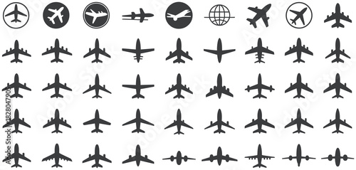collection of airplane silhouette icons for travel and aviation, featuring multiple aircraft shapes, jet outlines, and transport symbols, ideal for infographics, maps, flight guides, and vector design