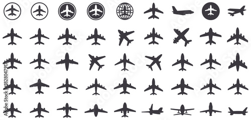 collection of various airplane icon silhouettes, including jets, commercial planes, and travel symbols, perfect for aviation graphics, flight themes, transportation designs, and modern vector 