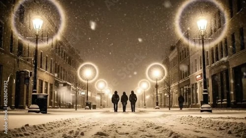 Snowy street with street lamps and people walking in falling snow for winter evening atmosphere