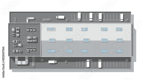 Modern distribution center rooftop view with trucks ready for delivery, showcasing efficient logistics and contemporary industrial design
