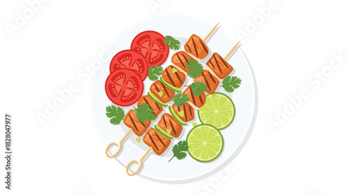 Delicious grilled skewers with tomatoes and lime, perfect for summer barbecues and healthy meals, vibrant and appetizing food presentation
