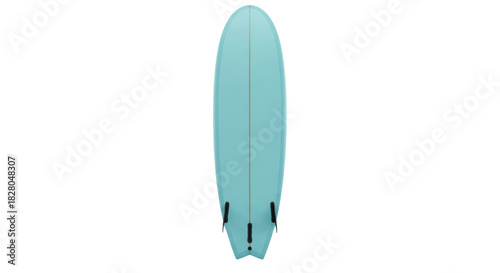 Light blue surfboard PNG isolated on transparent background, retro style board with three fins for surfing and water sports
