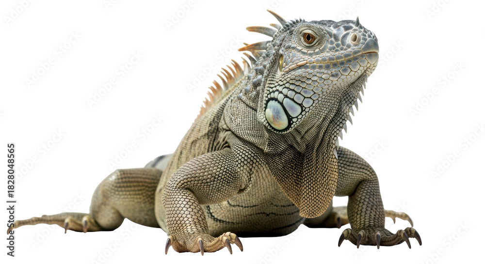 Obraz premium Green iguana isolated PNG, large lizard with spiky scales on transparent background, exotic pet for wildlife and reptile design