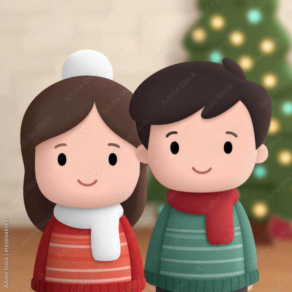 Fototapeta premium Two animated children stand side by side in cozy winter clothing, smiling happily in front of a bright, decorated tree, evoking a sense of holiday joy
