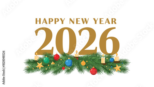 Happy New Year 2026 with festive ornaments and warm candles creating a joyful celebratory atmosphere for greeting cards