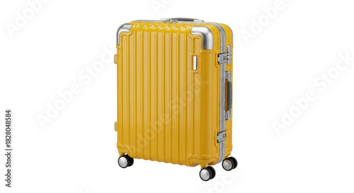 Yellow suitcase isolated PNG on transparent background, stylish luggage for travel and vacations, modern design with silver accents