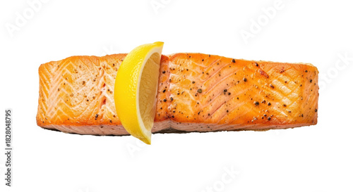 Grilled salmon fillet with lemon isolated PNG, delicious cooked fish with citrus garnish on transparent background for healthy eating concepts