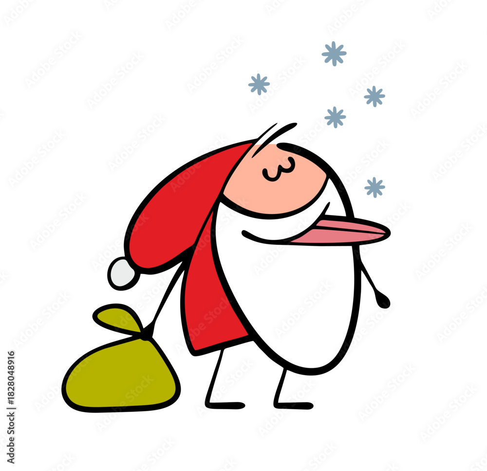 Naklejka premium Cute funny character, Santa Claus catches snowflakes with his tongue in a snowfall on the street. Vector illustration of an old man and a bag of gifts.