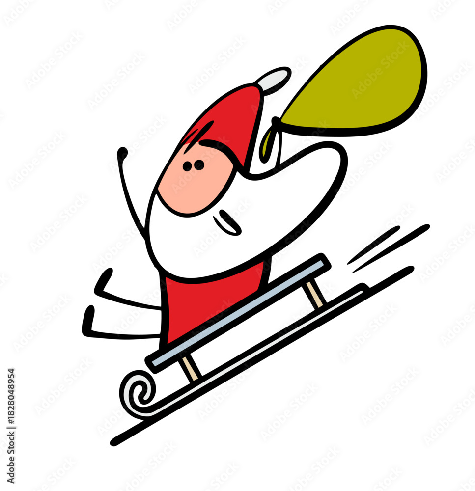 Obraz premium Cheerful Santa Claus rides down the hill on a sled and rejoices. Vector illustration of winter entertainment for an old man with a beard. A fairy-tale character rushes to the children with a bag.