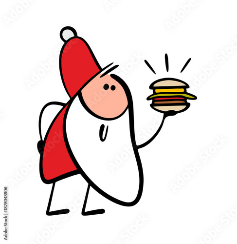 Hungry Santa Claus holds a delicious hamburger in the palm of his hand, looks at it with lust, swallows his saliva. Vector illustration of a fairy-tale character in a restaurant and fast food.