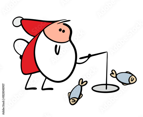Cartoon Santa Claus catches a fish in an ice hole on the lake. Vector illustration of winter fishing, warm clothes, fisherman and fishing rod. A successful catch.