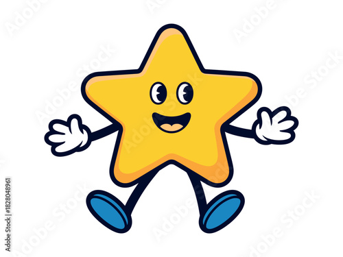 A cheerful cartoon star character with arms and legs dances with joy and happiness.