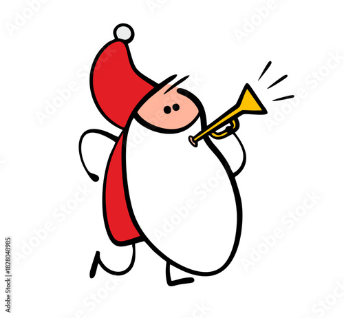 Funny cartoon Santa Claus blows a trumpet, plays music. Vector illustration of a Christmas carol and a New Year's melody on wind instruments. A musician with a beard in a winter orchestra.